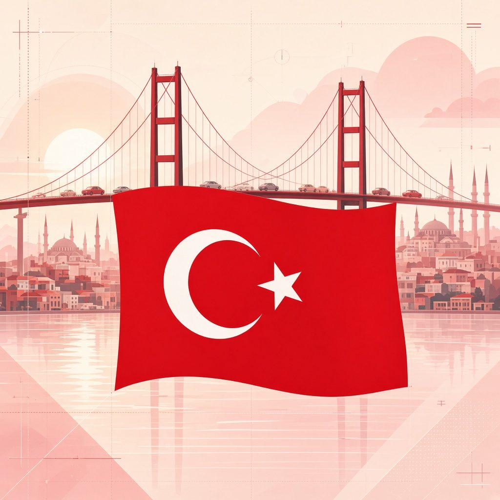 Kırmızı tonlarda İstanbul silüeti ve Boğaz Köprüsü önünde dalgalanan Türk bayrağı